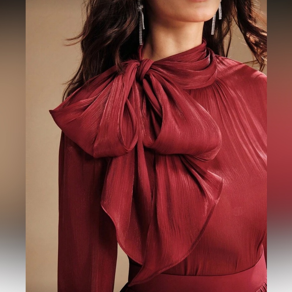 Elegant Burgundy Tie Neck Blouse